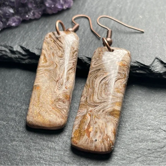 REDUCED Artisan Caramel Brown And Creamy Copper Swirl Pattern Earrings - Picture 7 of 9